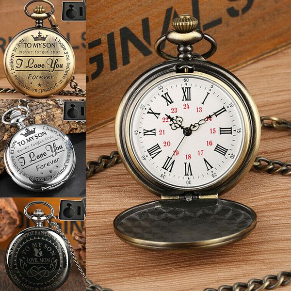 

quartz pocket watch numeral to my son love roman round display vintage with gift box @m23, Slivery;golden