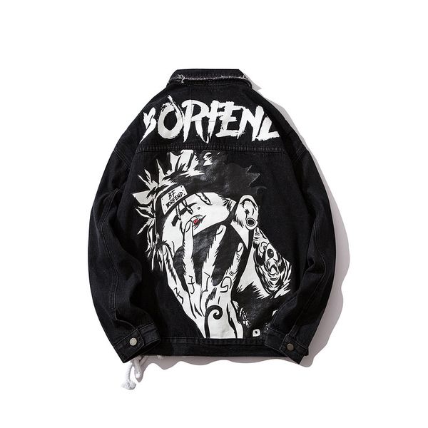 

men casual streetwear autumn new denim jacket coat hip hop fashion cartoon characters graffiti printed denim jacket jeans, Black;brown
