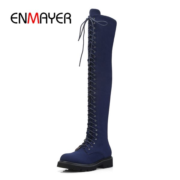 

enmayer women boots over the knee boots women round toe lace up stretch fabric flat with platform zyl927, Black