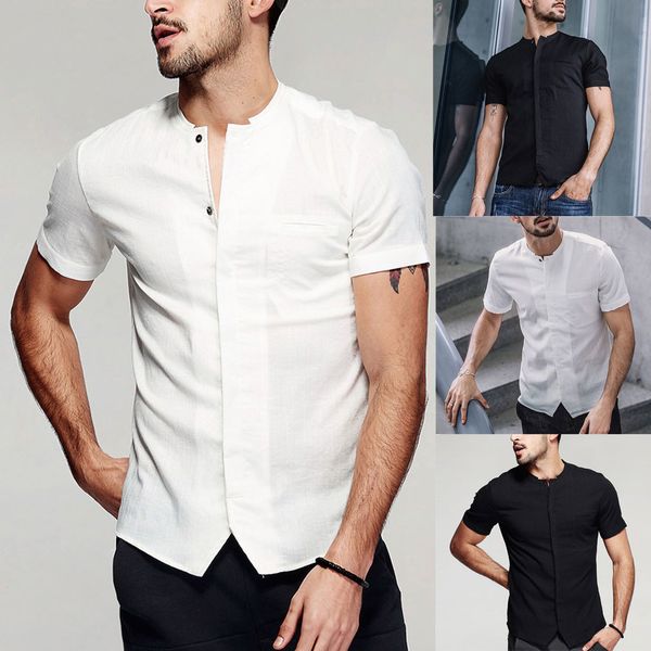 

vogue linen shirt men's vintage baggy cotton linen solid short sleeve retro stand collar shirts blouse chemise homme, White;black