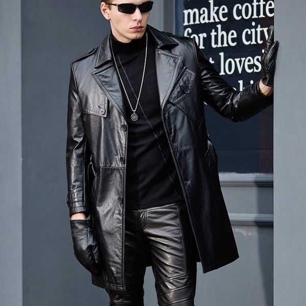 

2020 new fashion men cow leather jackets windbreaker black sashes belt genuine leather long coats autumn slim fit cowskin trench