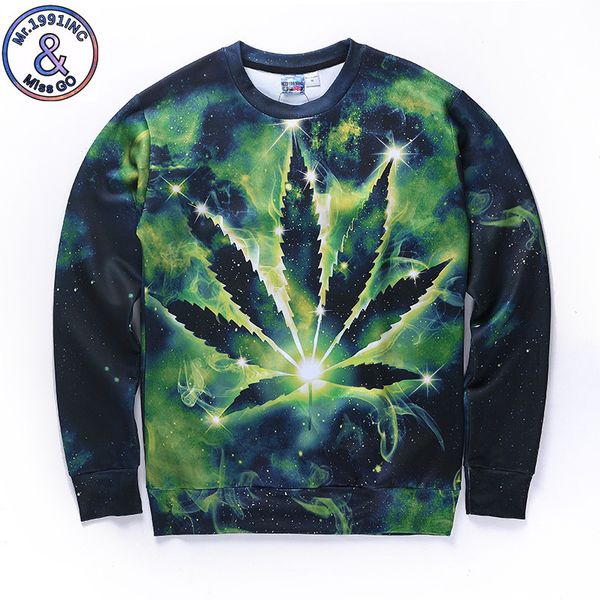 

мужские дизайнер за рубежом набирают 3d цифровой печать рукав звездное лист конопли творческих мужчин и женщин вокруг шеи длинный свитер, Black