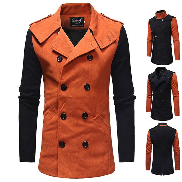 

2020spring and autumn men's windbreaker fashion contrast color stitching double-breasted woolen slim jacket trench coat overcoat, Tan;black