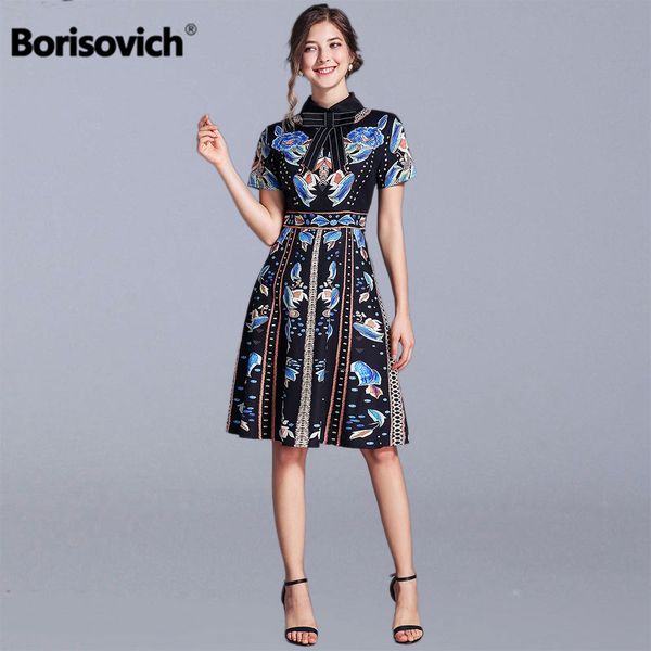 

borisovich women summer casual dress new 2019 fashion turn-down collar knee-length elegant a-line ladies party dresses n1129, Black;gray