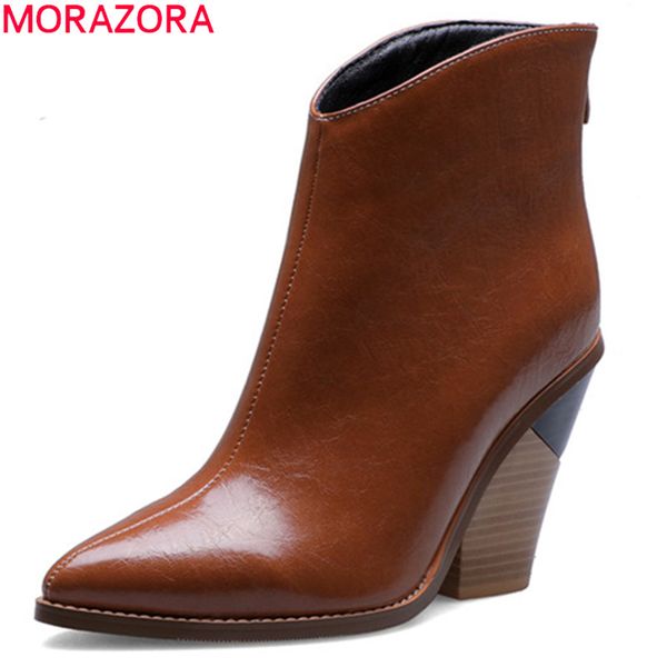 

morazora 2020 big size 44 women ankle boots pointed toe snake zip high heels boots fashion autumn dress party shoes woman, Black