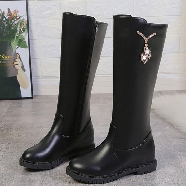 

crystal boots women 2019 zipper pu leather boots women round toe square heel autumn shoes botines mujer, Black