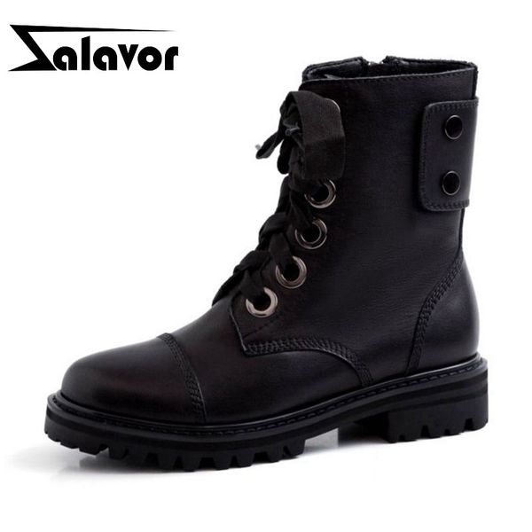 

zalavor women daily casual work genuine leather motorcycle boots fashion zipper flats shoes woman female botas size 34-40, Black