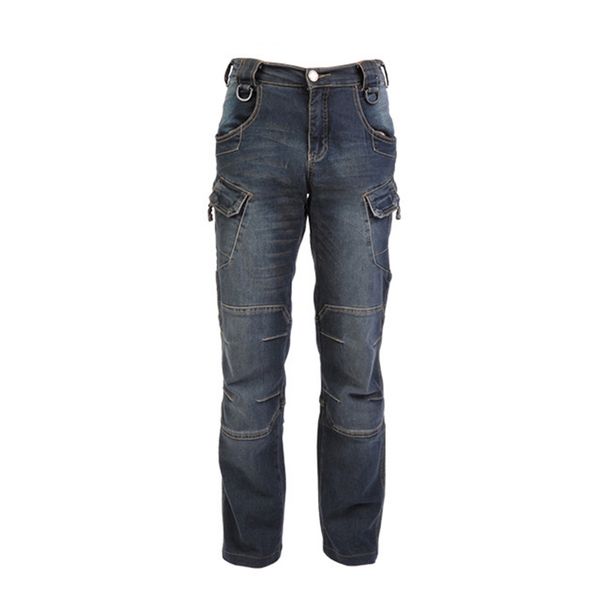 

mcikkny men cargo tactical jeans pants motorcycle elastics waist denim trousers for male multi pockets, Blue