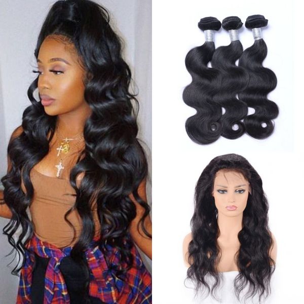 

peruvian virgin hair weave 3 bundles with frontal human hair 360 body wave lace frontal closure with bundles, Black;brown