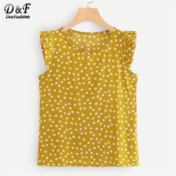 

dotfashion yellow frill trim polka dot womens and blouses summer for women 2019 casual korean cap sleeve blouse, White