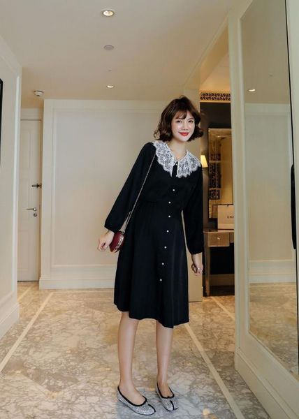 

large size pregnant women's dress 2020 female loose college style doll collar lace fashion maternity dress, White