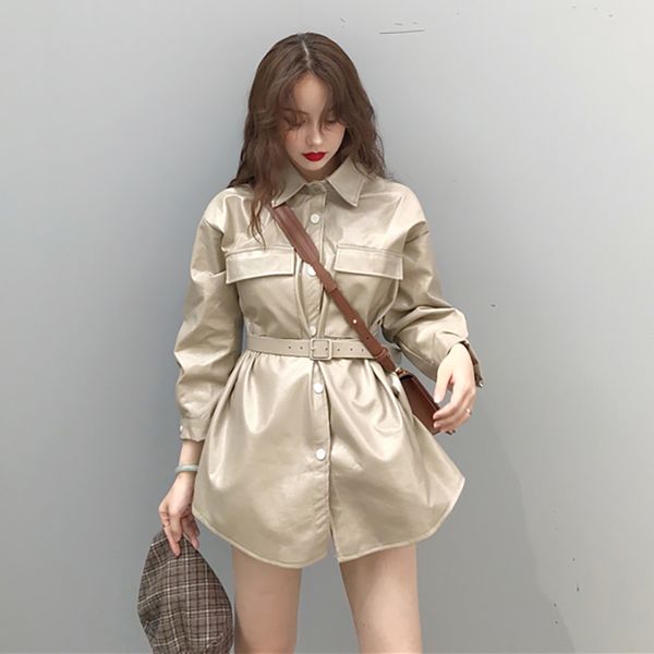 

lanmrem 2018 new fashion bandage waist pu leater jacket female's double pockets coat personality clothing autumn vestido yf217, Black;brown