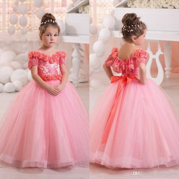 

princess new arrival pink off shoulder flower girls dresses flower beaded short sleeves bow kids formal wear toddler girl' pageant dre, White;red