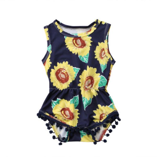 

New Baby Girls Floral Summer Bodysuit Sunflower Print Tassel Jumpsuit Playsuit Infant Cotton Clothes Sleeveless Fashion Bodysuit