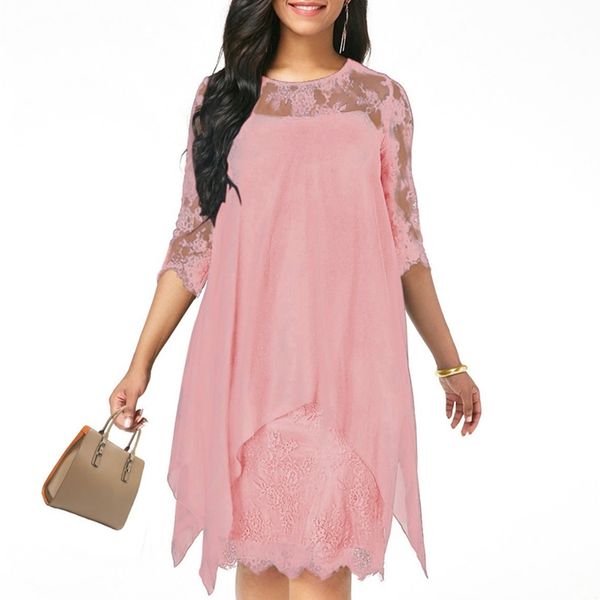

xs 5xl solid color three quarter sleeve lace dress round neck women elegant overlay chiffon plus size2019 new fashion, Black;gray