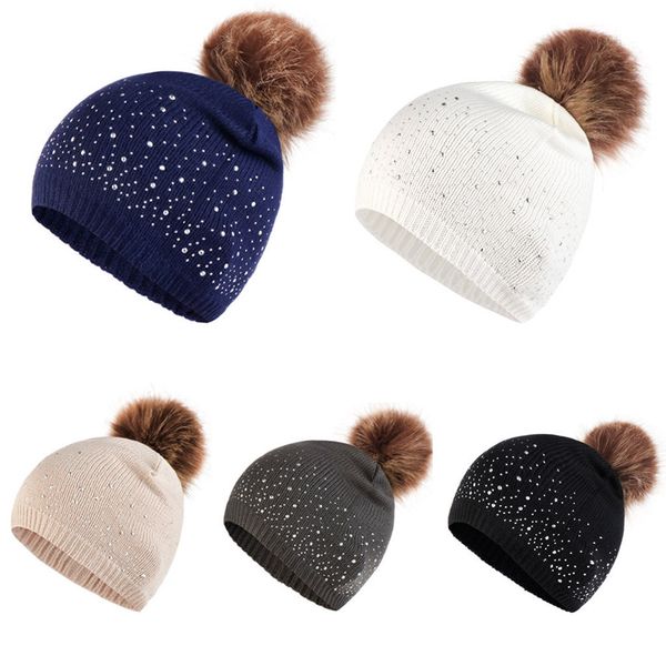

women pompom beanies knitting woo hemming hat rhinestone keep warm winter hairball cap headwear gorro invierno mujer caps hat, Blue;gray