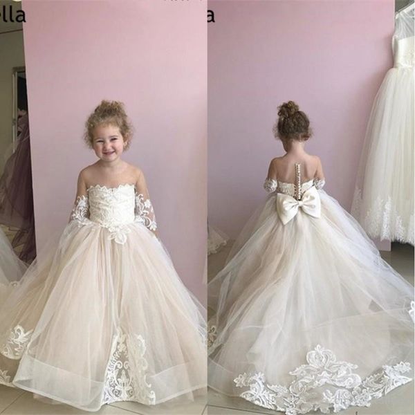 

light champagne tulle flower girl dress with lace appliques big bow back buttons sheer neck customized girls pageant gowns custom made, Red;yellow