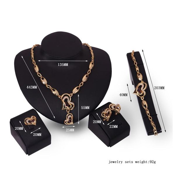

bracelet necklace earrings ring jewelry set luxury fashion rhinestone 18k gold plated alloy hearts party jewelry 4-piece set wholesale js199, Slivery;golden