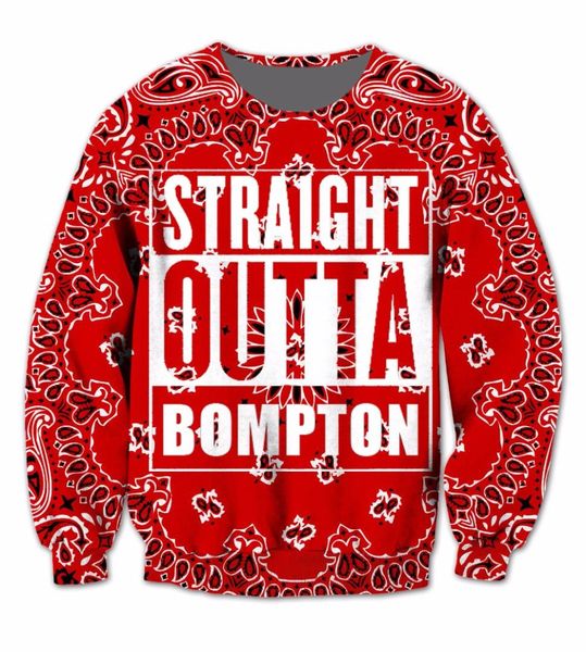 

real usa size 3d sublimation print crewneck sweatshirts red bandana straight outta bompton - compton california streetwear, Black
