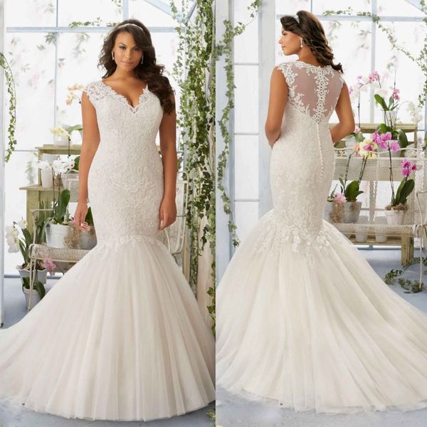 

великолепная кружева свадебное платье 2020 v образным вырезом без рукавов аппликациями плюс размер свадебные платья кнопка назад развертки п, White