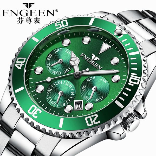 

green water ghost 2019 new fngeen men's quartz watch waterproof relojes para hombre erkek saat men clock relogio masculino, Slivery;brown