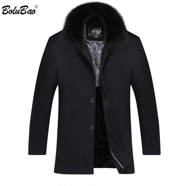

bolubao men winter wool coat men's new fashion warm wool blends woolen pea coat male trench overcoat fur collar detachable, Black