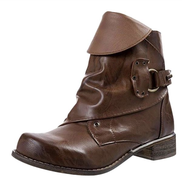 

sagace shoes winter women boots square heel leather shoes buckle low flat round toe short boots ankle for women, Black