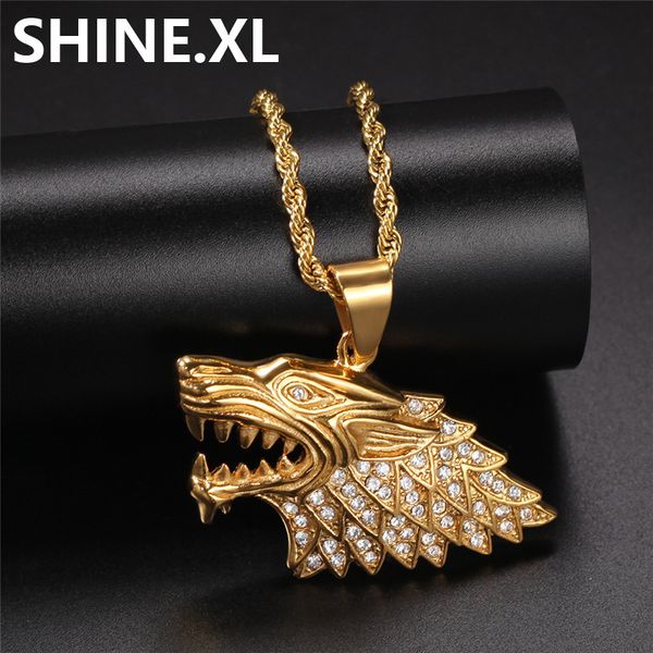 

new stainless steel animal wolf pendant necklace iced out crystal rhinestone mens hip hop jewelry gift, Silver