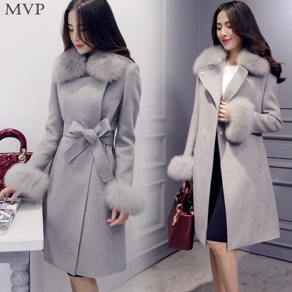 

solid long sleeve winter collar woolen long jackets fur cashmere casual coat women 2018 turn-down women collar cardigan coat, Black