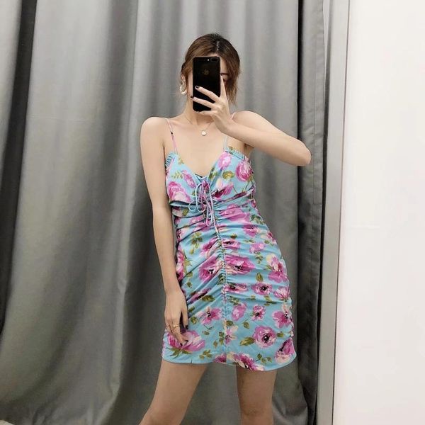 

summer floral print dress feminine sense camisole thin ruffled dress, Black;gray