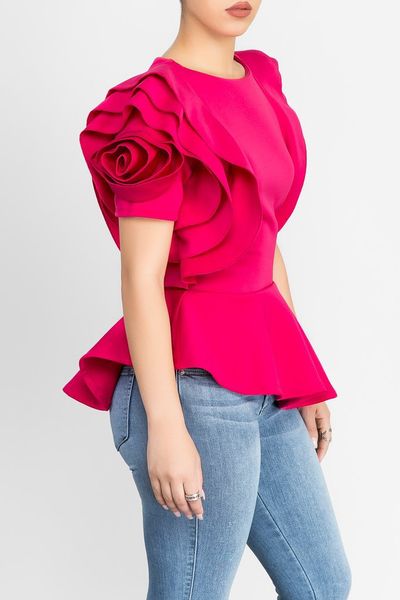 

joyinparty 2018 women fashion summer o-neck ruffles sleeve asymmetric hem slim blouse three-dimensional flower, White