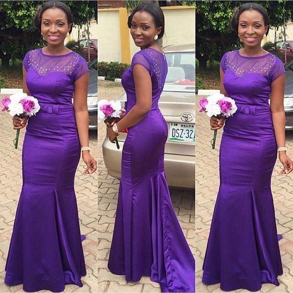 

new purple beaded bridesmaid dresses 2020 mermaid with short sleeves sheer jewel neckline satin prom dress with bow sash, White;pink