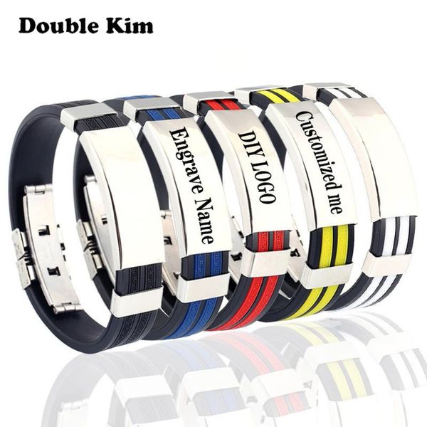 

customized stainless steel bracelet silicone diy engrave name date bracelet for women men customized logo couple jewelry gift, Black