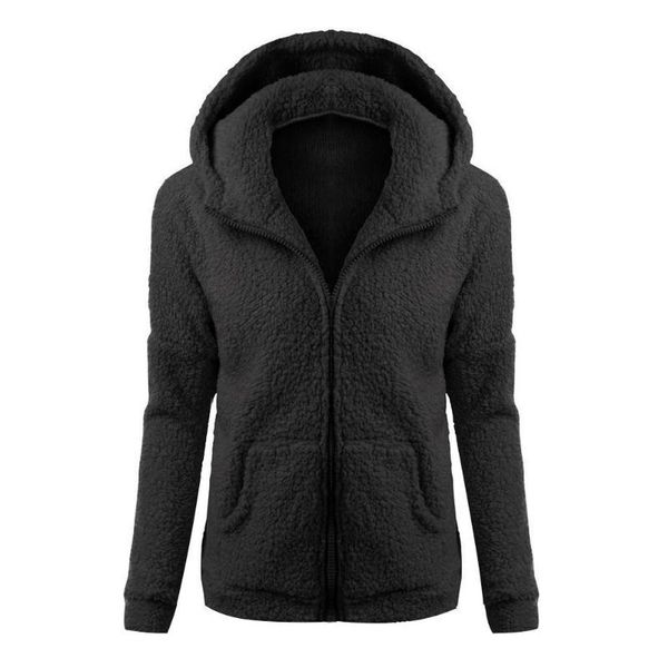 

women thickened fleece winter warm jacket hooded zipper jumper overcoat, Black;brown