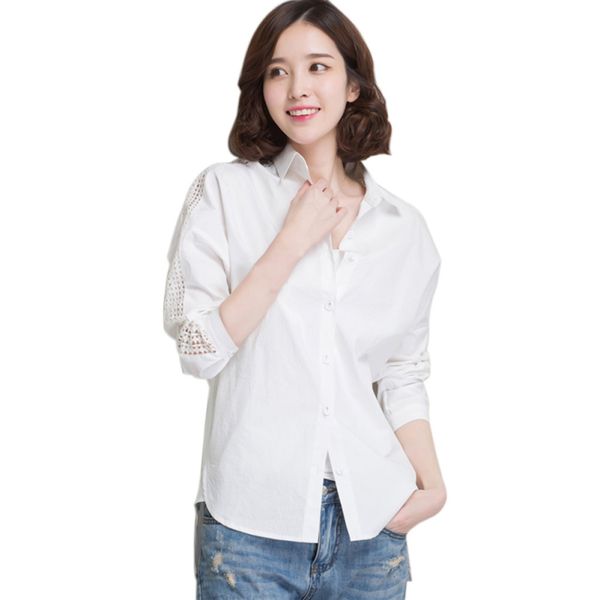

white elegant hollow out long sleeve button blouse autumn women workwear shirt top