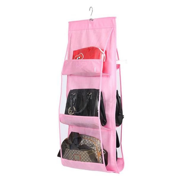 

1pc double side storage bag sundry tidy organizer wardrobe closet hanger transparent 6 pocket foldable hanging handbag purse