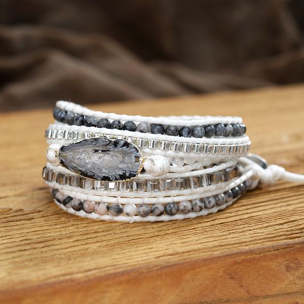 

women leather wrap bracelet white rope beaded boho style meditation bracelets femme gift for her, Golden;silver
