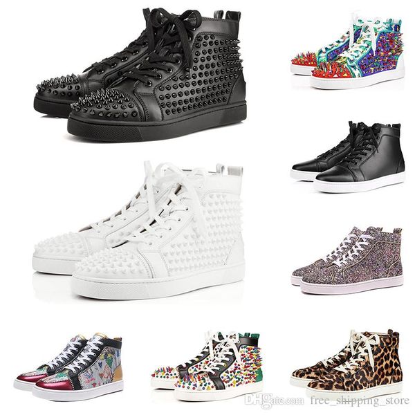 

2019 designer fashion red bottoms shoes studded spikes flat sneakers for men women glitter party lovers genuine leather casual rivet sneaker, Black