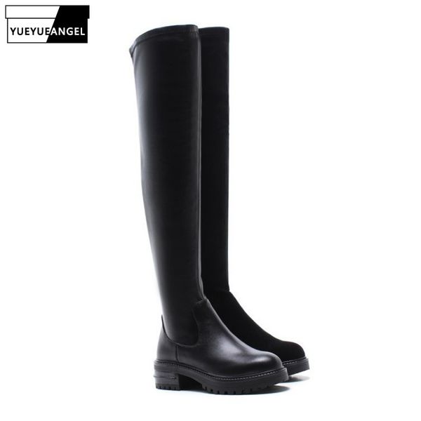 

winter women fleece lining genuine leather over knee boots bikers riding boots stretchy slip on block heels shoes knight, Black