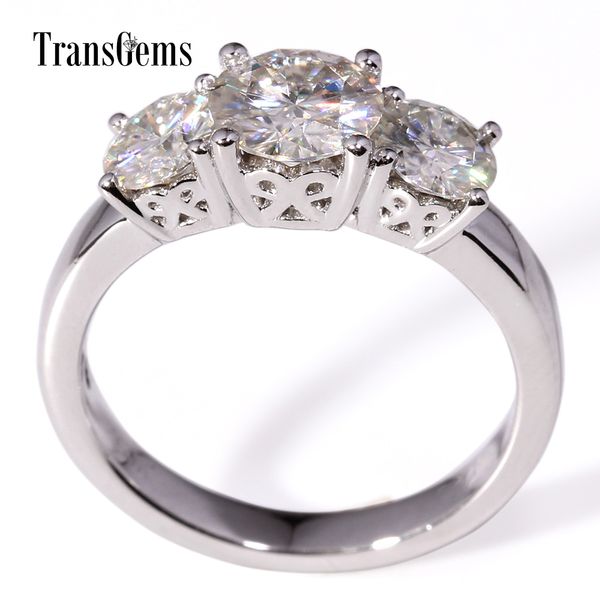 

transgems 14k white gold center 1ct 6.5mm and side 0.5ct 5mm f color moissanite 3 stone engagement ring for women wedding y200620, Slivery;golden