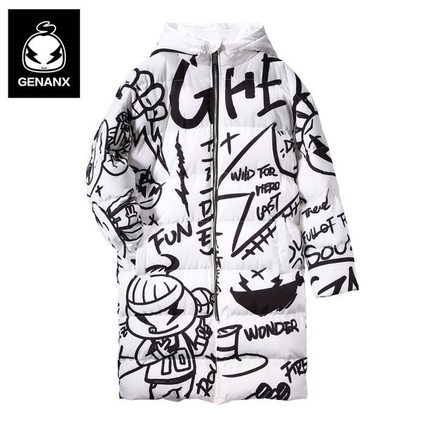 

genanx brand winter couple loose long coat hooded 2018 new hip hop printing fashion warm coat parkas men youth, Black