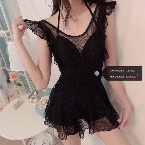 

2020 swimsuit beach skirt goddess swimsuit beach skirt female ins slim belly covering one-piece fairy style, White;black