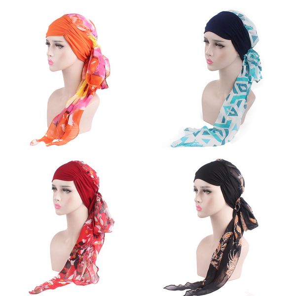 

new muslim women stretch chiffon turban hat cancer chemo beanies hat bandanas cap headwear long hair head scarf hair accessories