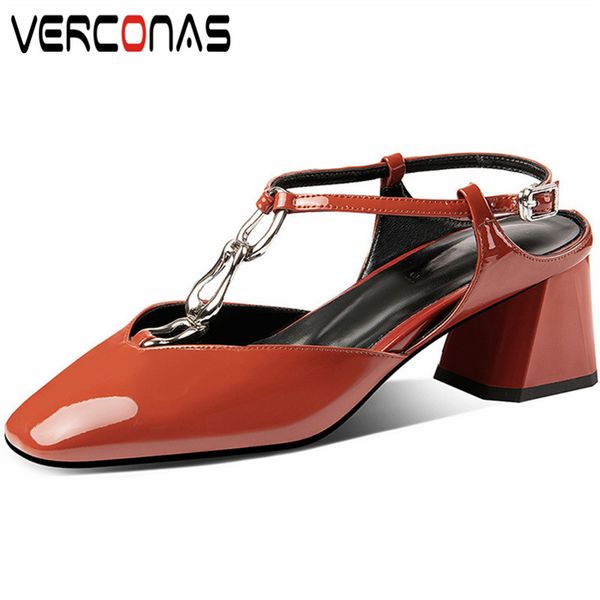 

verconas woman pumps woman sandals summer patent leather metal decoration chain square toe high heels/square heels shoes, Black