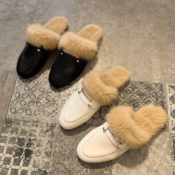 

house slippers platform square heel shoes woman 2019 cover toe slipers women fur flip flops luxury slides female mule block, Black