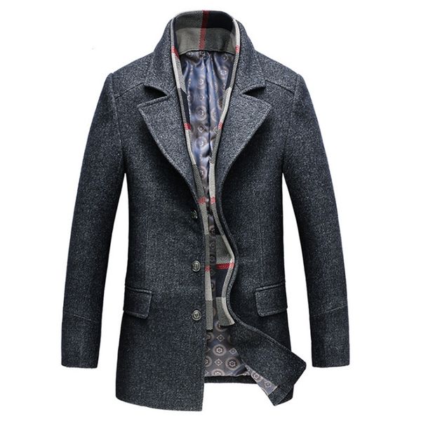 

winter trench coat men thick wool & blends jacket detachable scarf casual men's woolen coat grey long male outerwear, Black