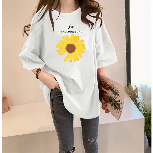 

now we find 2020 medium and long large version loose daisy short-sleeved t-shirt women's l-3xl, White