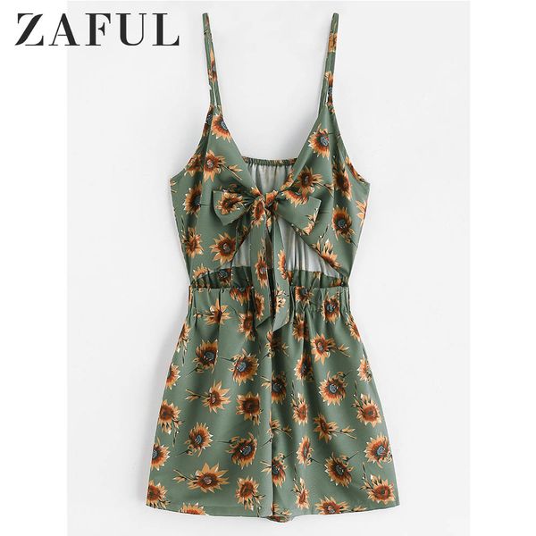 

zaful floral print cami tie front romper women playsuits summer beach sleeveless sunflower lady overalls boho short jumpsuit, Black;white