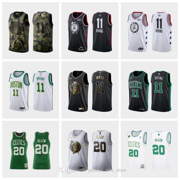 

men youth boston celtics 20 ray allen 11 irving jersey authentic gray green white black 19/20 basketball jersey 04, Black;red
