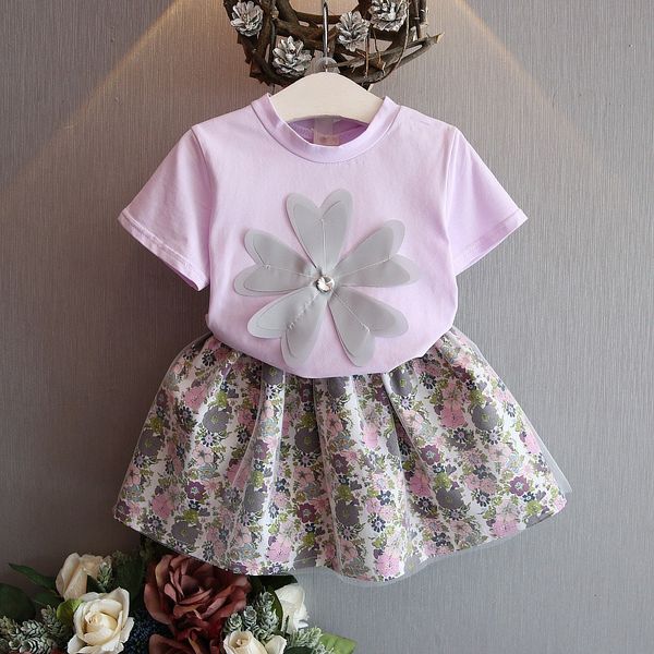 

weixinbuy children girls casual summer flower print short sleeve t-shirt+floral skirts suits 2pcs costume set princess dress, White